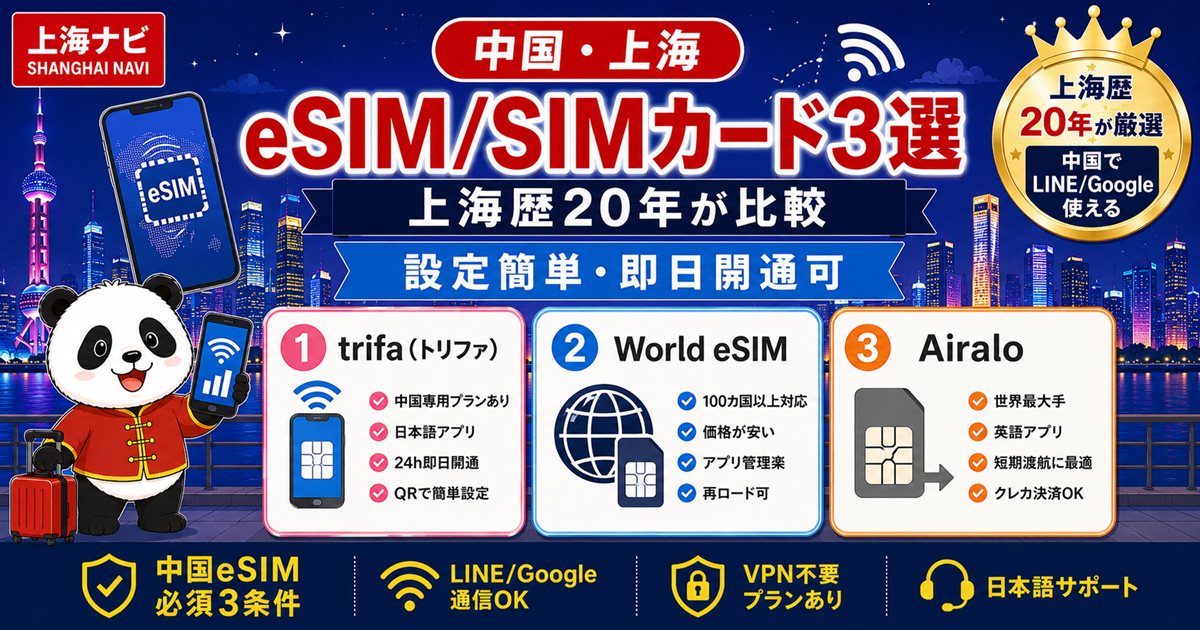 中国eSIM/SIMカードおすすめ3選 trifa World eSIM Airalo比較ガイド