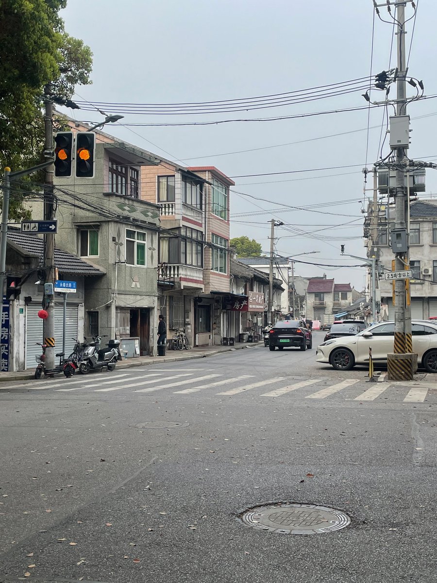 大団鎮の交差点。信号と低層の商店建築、電線が走る街並み